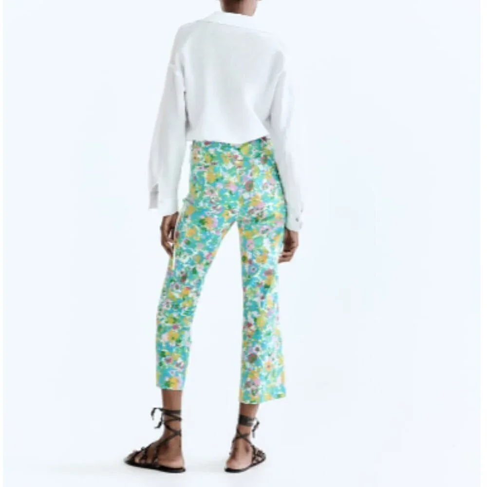 Zara NWT Printed Linen Blend Flared Trousers Green Blue Pink Floral Print Size 4